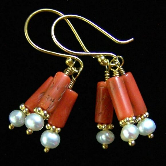 Genuine ITALIAN CORAL & PEARL Earrings 22k Gold Vermeil Colorful Cluster - Picture 4 of 8
